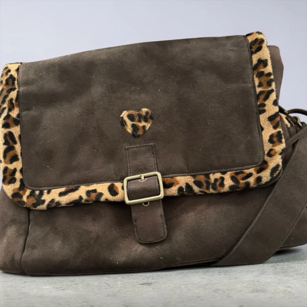Wendy Bellissimo Brown Suede Crossbody with Leopard Trim